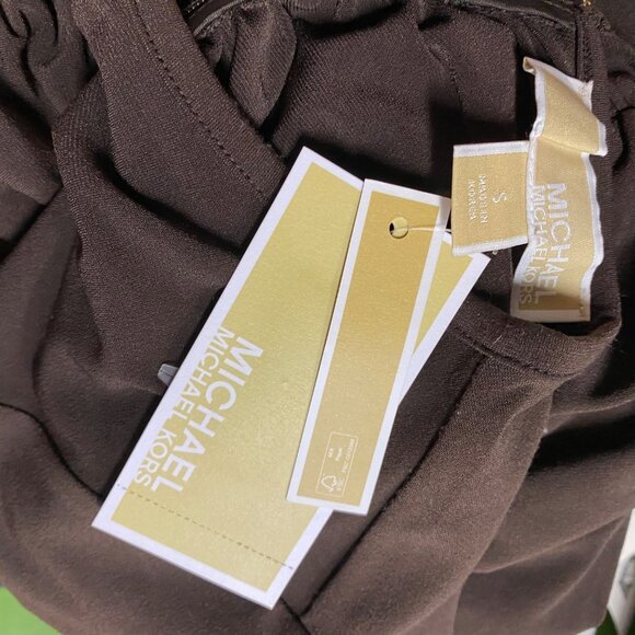 MICHAEL KORS $145 Brown Ruched Long Sleeve Midi‎ Dress With V-Neckline SM NWT - Picture 11 of 12